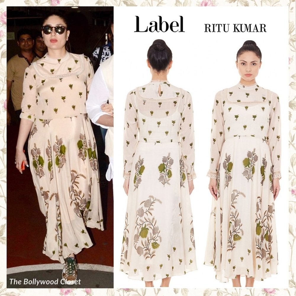 Ritu Kumar Label Floral Beige Dress aso Kareena Kapoor XS Green Silk Maxi